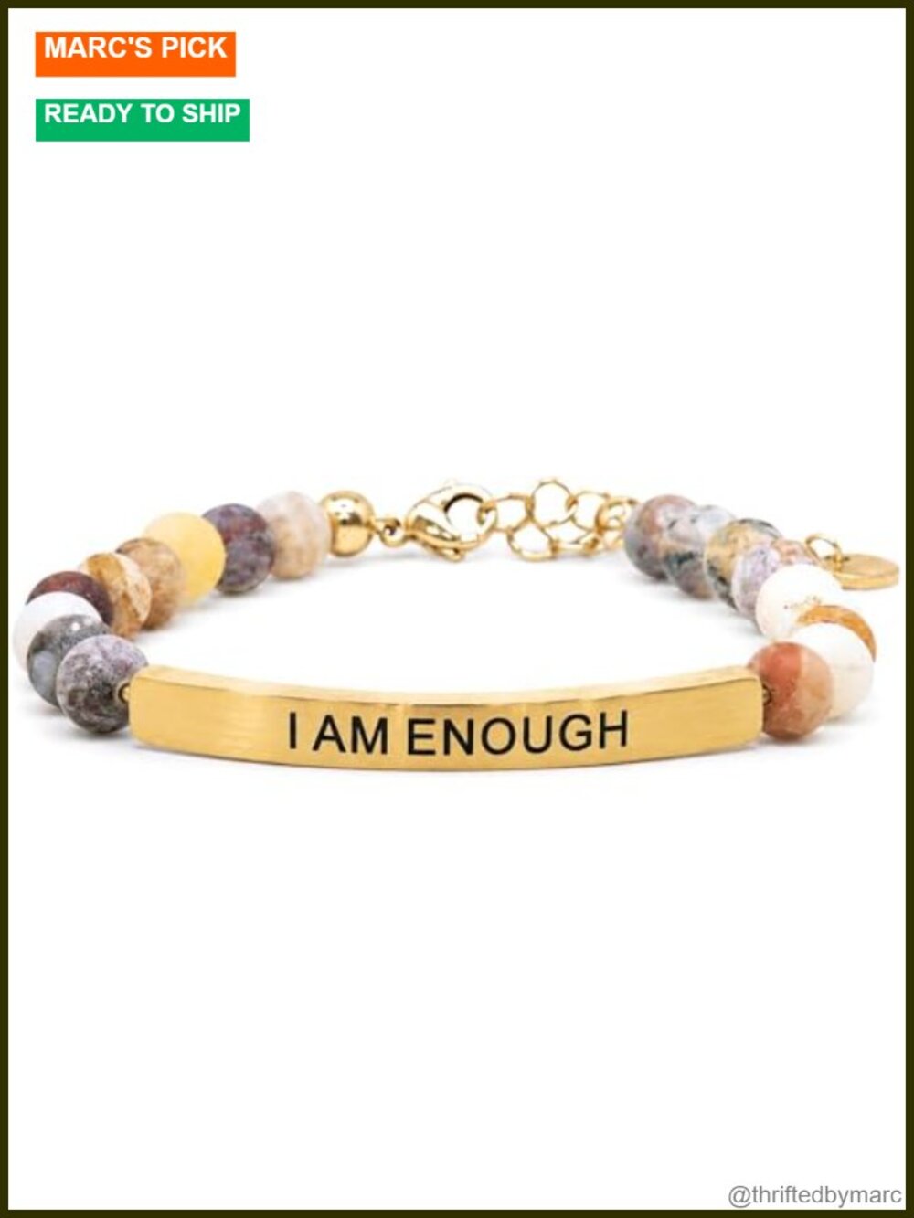 I Am Enough Stretch Bracelet Natural Bamboo Agate Stainless Steel
